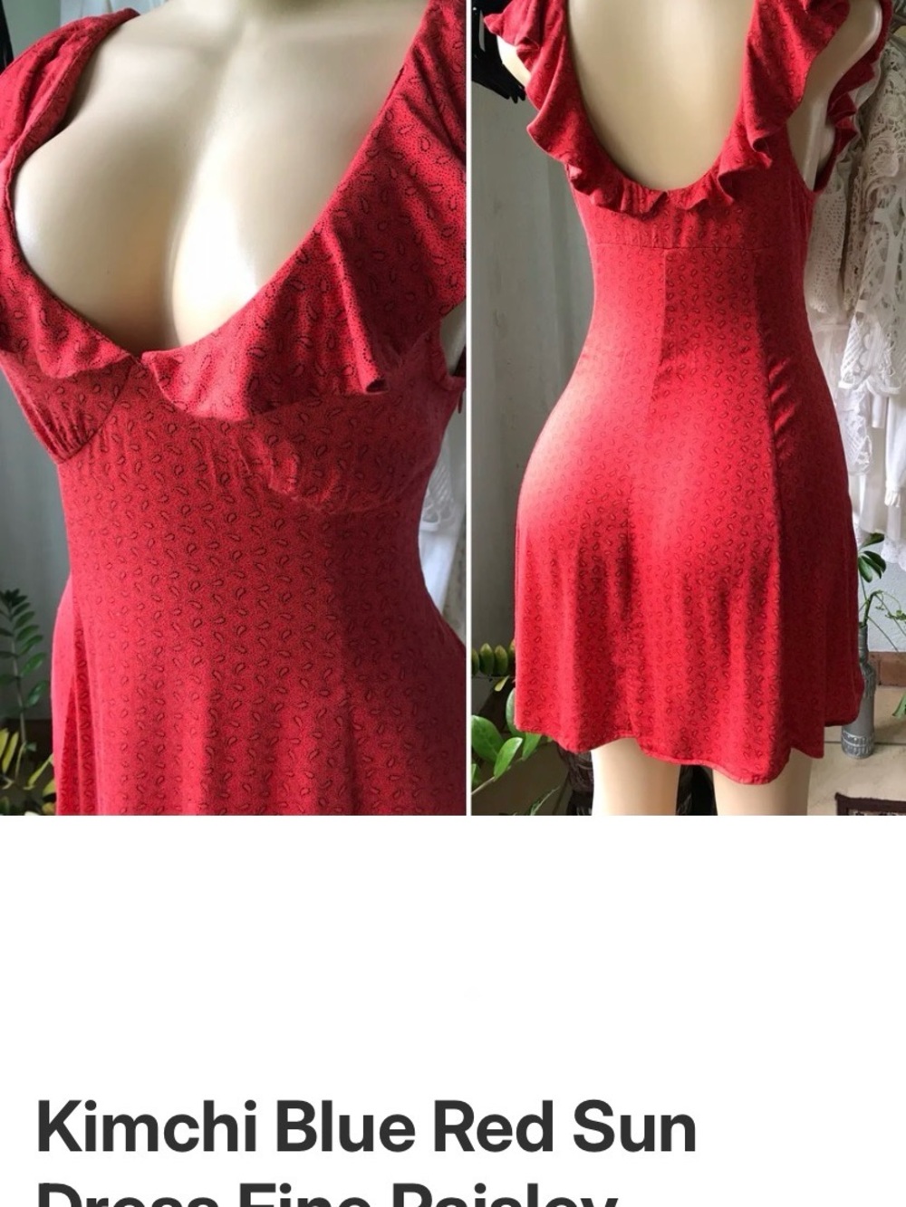 Kimchi Blue Red Ruffle-Trim Slip Dress with Subtle Paisley